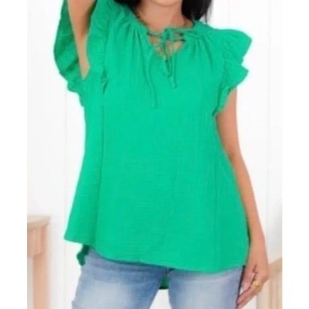 Andree by unit blouse Kelly Green shirt womens size small blouse flutter sleeve